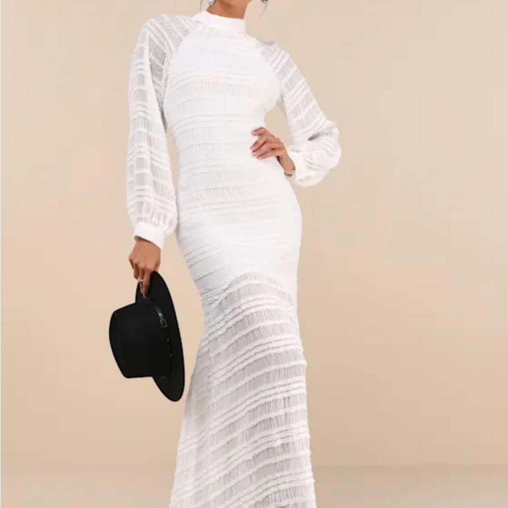 Exemplary Romance White Textured Backless Trumpet Hem Maxi Dress